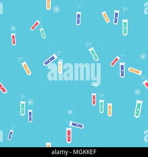 Science experiment seamless pattern of colorful chemistry flasks and tubes. Cute doodle background illustration for school or laboratory project. EPS1 Stock Vector
