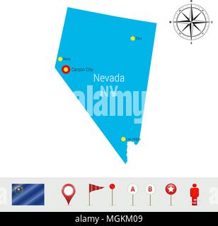 Nevada Vector Map Isolated on White Background. High Detailed Silhouette of Nevada State. Official Flag of Nevada Stock Vector