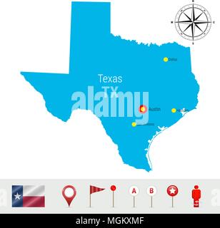 Texas Vector Map Isolated on White Background. High Detailed Silhouette of Texas State. Official Flag of Texas Stock Vector