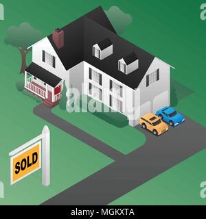 Real Estate Sold Sign with House Isometric 3d Style Vector Illustration Stock Vector