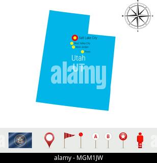 Utah Vector Map Isolated on White Background. High Detailed Silhouette of Utah State. Official Flag of Utah Stock Vector