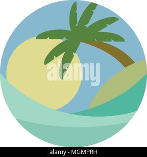 BEACH THEME. Vector illustration of the wave, tropical island in the sea or ocean, palm trees and the sun. Travel resort concepts Stock Vector