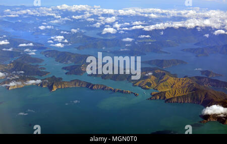 Aerial view of the Marlborough Sounds on an Autumn morning. Includes Queen Charlotte Sound, Tory Channel, Keneperu Sound, Port Underwood. Stock Photo