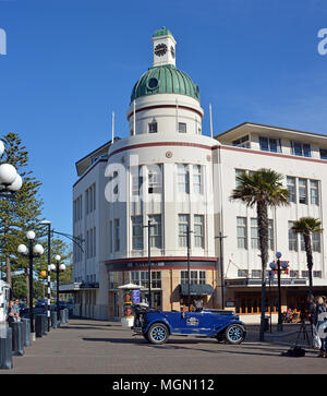 Napier - New Zeland - April 27, 2017: The T&G Building Is an example of the Art Deco style of architecture from the early 1930's. In the foreground is Stock Photo