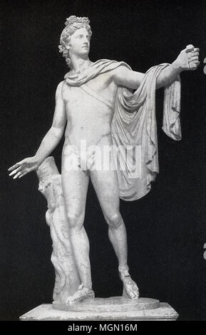 This photo of the statue known as Apollo Belvedere was taken in the late 1890s. This particular statue of the Greek god Apollo (also known by the Romans as Apollo) is housed at the Vatican and is a Roman copy fashioned in marble of the Greek original that was cast in bronze. It is one of the best known of ancient Classical sculptures and its fame is due in large part to the German art historian and archaeologist Johann Winckelmann, who praised it as the highest expression of ancient art. It dates to the second century A.D. The original dated to 330-320 B.C. and was the work of the sculptor Leo Stock Photo