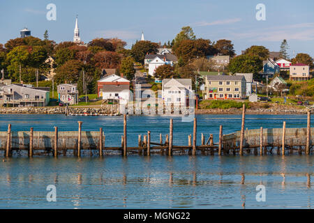 Fishing Village and Harbor at Lubec, Maine across the channel from Canada. Lubec is said to be the easternmost town of the contiguous, continental USA Stock Photo