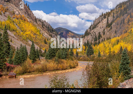 View from train ride on Durango and Silverton Narrow Gauge Railroad in Colorado. Animas river in San Juan Forest.