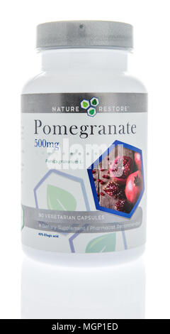 Winneconne, WI -  20 April 2018: A bottle of Nature restore pomegranate supplement on an isolated background. Stock Photo