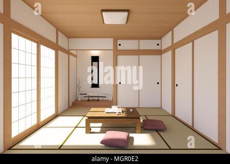 Japanese living room interior in traditional and minimal design with Tatami mat floor, Japanese Shoji door and Japanese sword Stock Photo
