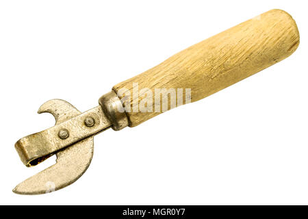 Opener with wooden handle for opening cans isolated on white background Stock Photo