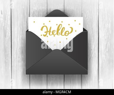 Black opened envelope with Hello Lettering on wooden background. Stock Vector