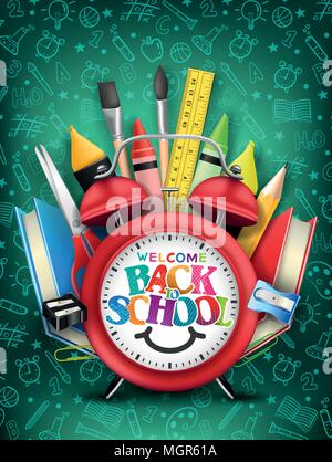 back to school, books test tube rocket education cartoon vector ...