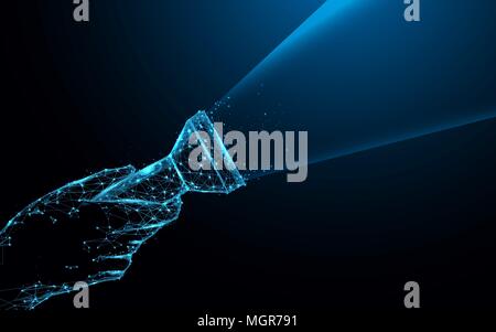 Hand holding a flashlight form lines and triangles, point connecting network on blue background. Illustration vector Stock Vector