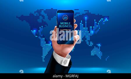 businessman in a business suit holding a cell phone in hand on world map background. Sends orders to its employees. global mobile office. Smart office Stock Vector