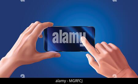 Hand holding mobile smart phone and touching screen on blue background, mock up black smartphone in hand. landscape or horizontal view. Stock Vector