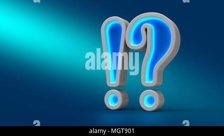 Glowing neon big exclamation question on the table, on blue background, 3d illustration. Set for design presentations. Stock Photo