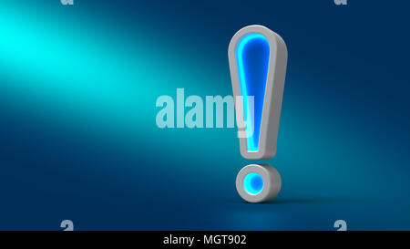 Glowing neon big exclamation mark on the table, on blue background, 3d illustration. Set for design presentations. Stock Photo