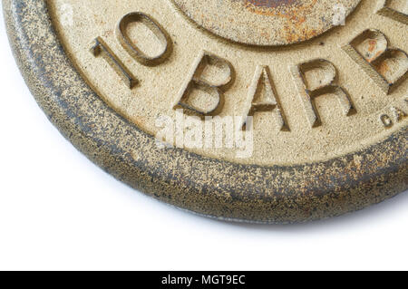 Detail of barbell weight on white background. Stock Photo