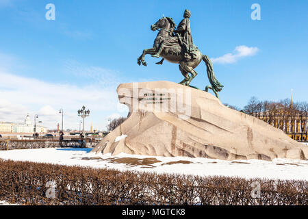 Bronze Horseman memorial of Peter the Great in the Senate Square in Saint Petersburg. The monument was built in 1768-1782, inscription on stone: To Pe Stock Photo