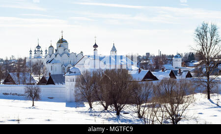 panorama of The Convent of the Intercession (Pokrovsky Monastery) in Suzdal town in winter in Vladimir oblast of Russia Stock Photo