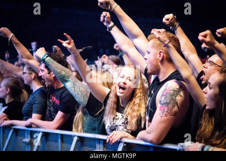 28 April 2018, Germany, Leipzig: Fans cheering during the last performance of metalcore band Heaven Shall Burn from Saalfeld/Saale during the Impericon Festival. The band bid farewell ahead of a long hiatus and Bischoff is to embark on a new solo project. Photo: Alexander Prautzsch/dpa-Zentralbild/dpa Credit: dpa picture alliance/Alamy Live News Stock Photo