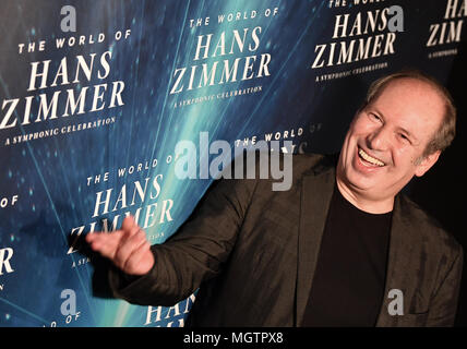 Berlin, Germany. 29 April 2018. Film music composer Hans Zimmer stands  during a press event on the Premiere The World of Hans Zimmer - A  Symphonic Celebration in the Mercedes-Benz Arena in
