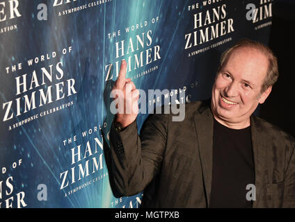 Berlin, Germany. 29 April 2018. Film music composer Hans Zimmer stands  during a press event on the Premiere The World of Hans Zimmer - A  Symphonic Celebration in the Mercedes-Benz Arena in