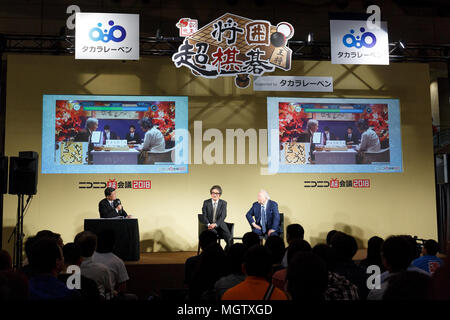 (L to R) Professional Go player Cho Chikun and Hifumi Kato professional Shogi (Japanese chess) player, speak during the Niconico Chokaigi festival in Makuhari Messe Convention Center on April 29, 2018, Chiba, Japan. Niconico Chokaigi is organized by Japan's largest social video website Niconico which has over 70 million registered users, including 2.2 million paying members. Organizers claim to attract 150,000 visitors during the two-day festival. Credit: Rodrigo Reyes Marin/AFLO/Alamy Live News Stock Photo