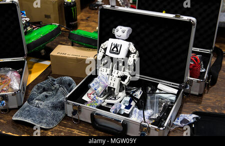 Pleasanton, California, USA. 27th Apr, 2018. A child's robot in its case on a workbench at the 14th Annual RoboGames, the world's largest open robot competition. Credit: Brian Cahn/ZUMA Wire/Ģ����ý Live News Stock Photo