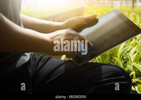 hand tablet  man working using a digital tablet  laptop computer Stock Photo