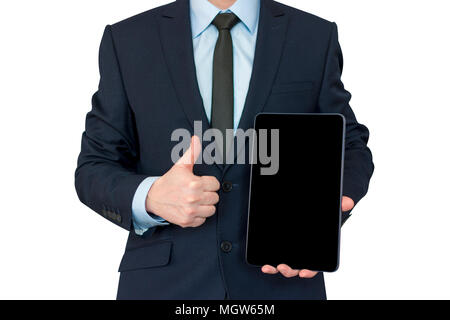 business, communication, modern technology and office concept - buisnessman with tablet pc computer showing thumbs up. Stock Photo