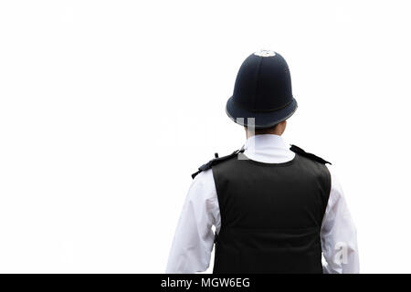 London Metropolitan Police Officer.  Rear View.  Waist Up.  Isolated on White. Stock Photo