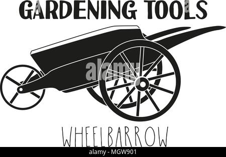 Black and white wheelbarrow silhouette. Garden tool vector illustration gift card certificate sticker, badge, sign, stamp, logo, label, icon, poster,  Stock Vector