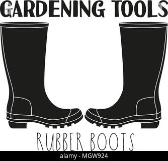 Black and white rubber boots silhouette. Garden tool vector illustration gift card certificate sticker, badge, sign, stamp, logo, label, icon, poster, Stock Vector