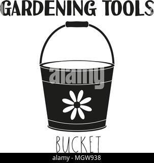 Black and white bucket silhouette. Garden tool vector illustration gift card certificate sticker, badge, sign, stamp, logo, label, icon, poster, patch Stock Vector