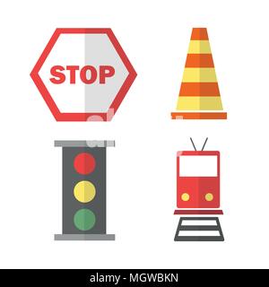icons set about Transportation. with train, stop sign, cone and traffic light Stock Vector