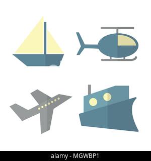 Vector set of transport isolated on white - ship, helicopter, airplane, steamer Stock Vector