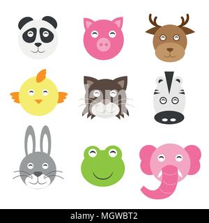 Cute cartoon animals head round shape in flat style Stock Vector