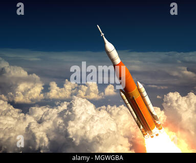 American Space Launch System In The Clouds. 3D Illustration. Stock Photo