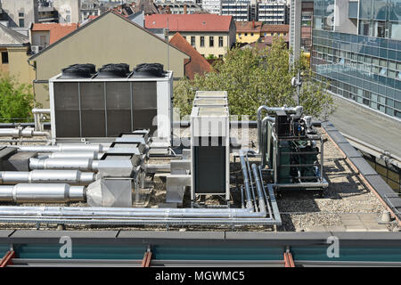 Air conditioners on the top of a building Stock Photo