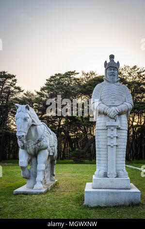 Scientifics and horses statues on the Road to the tombs of Ancient Koguryo Kingdom, Pyongyang, North Korea Stock Photo