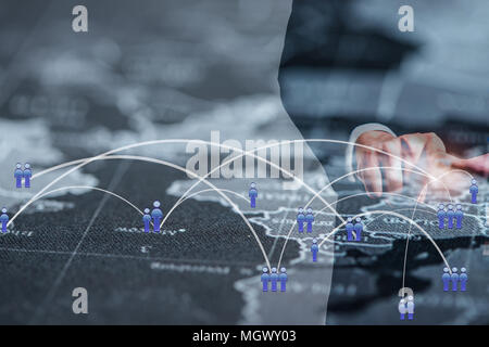 Global business connection concept. Double exposure of businessman working with new modern computer show social network on world map. Copy space. Stock Photo