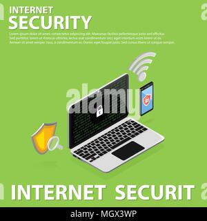3D isometric internet security flat icons banner template design Stock Vector