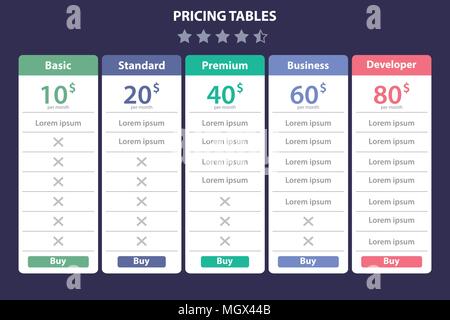 Price Table Template with five different Plan Stock Vector