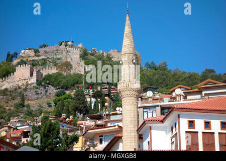 Alanya Castle (Alanya Kale) and old houses and mosque, Mediterranean, Turkey Stock Photo