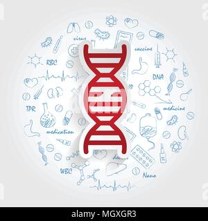 Icons For Medical Specialties. Gerontology And Broken DNA Concept. Vector Illustration With Hand Drawn Medicine Doodle. Stock Vector