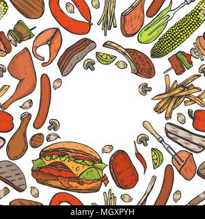 Colored Hand drawn Grilled vegetables top view frame, vegetarian cuisine. Grill menu design template. Vector illustration. Engraved design. illustrati Stock Vector
