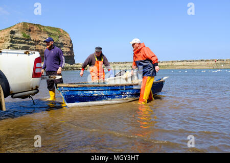 STAITHES, ENGLAND - APRIL 21: Staithes fishermen unloading catch of freshly caught lobsters. In Staithes, England. On 21st April 2018. Stock Photo