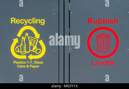 recycling bins for plastic recycling plastic glass recycling glass cans recycling cans paper recycling paper rubbish landfill recycling bin trash can Stock Photo