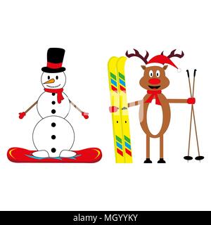 cartoon deer skier and snowman snowboarder Stock Vector